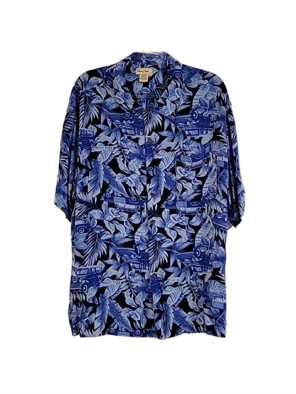 Panama Jack Hawaiian Floral Woody Wagon Blue, Short-Sleeve Shirt, Size 3XL